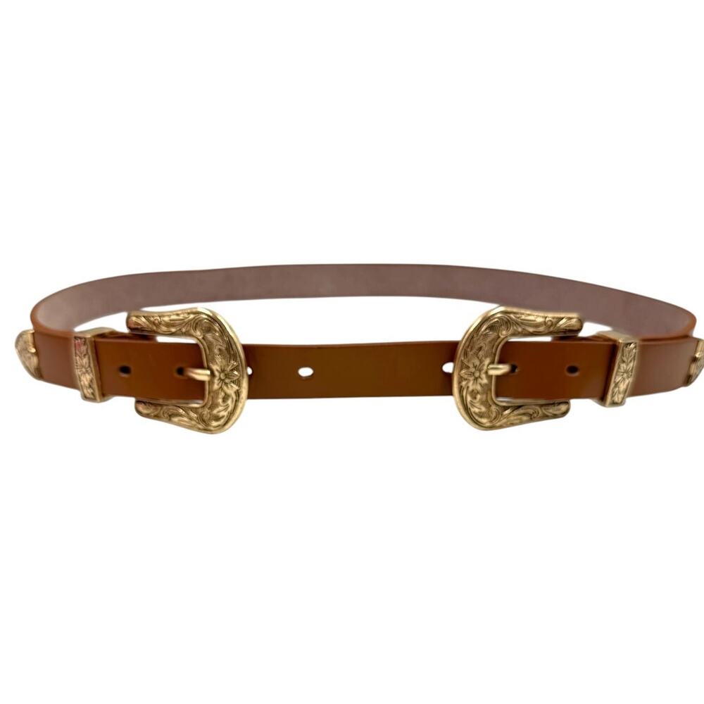 Brown Leather Double Buckle Western Belt Gold Engraved Boho M L Cowgirl Country